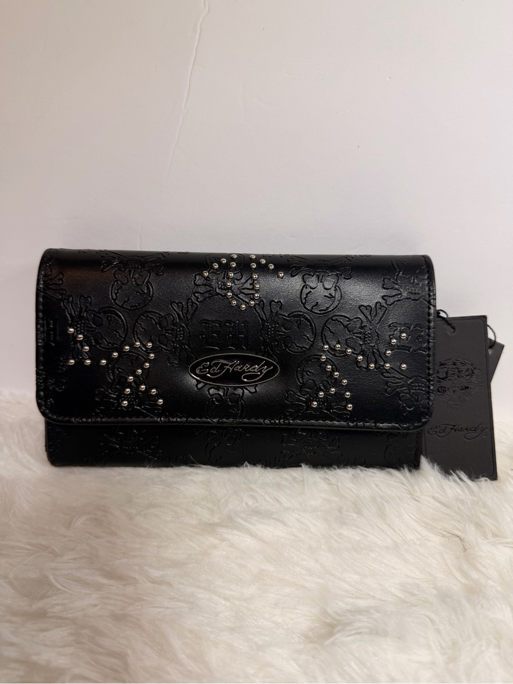 Ed Hardy Black Embossed Studded Trifold Wallet
